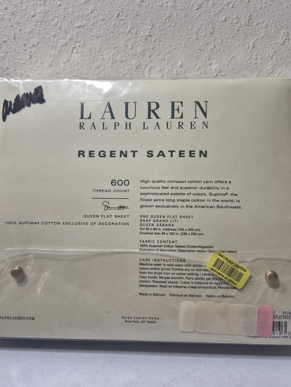 Lauren Ralph Lauren Regent Sateen Queen Flat Sheet Plum 600 TC Cotton 94